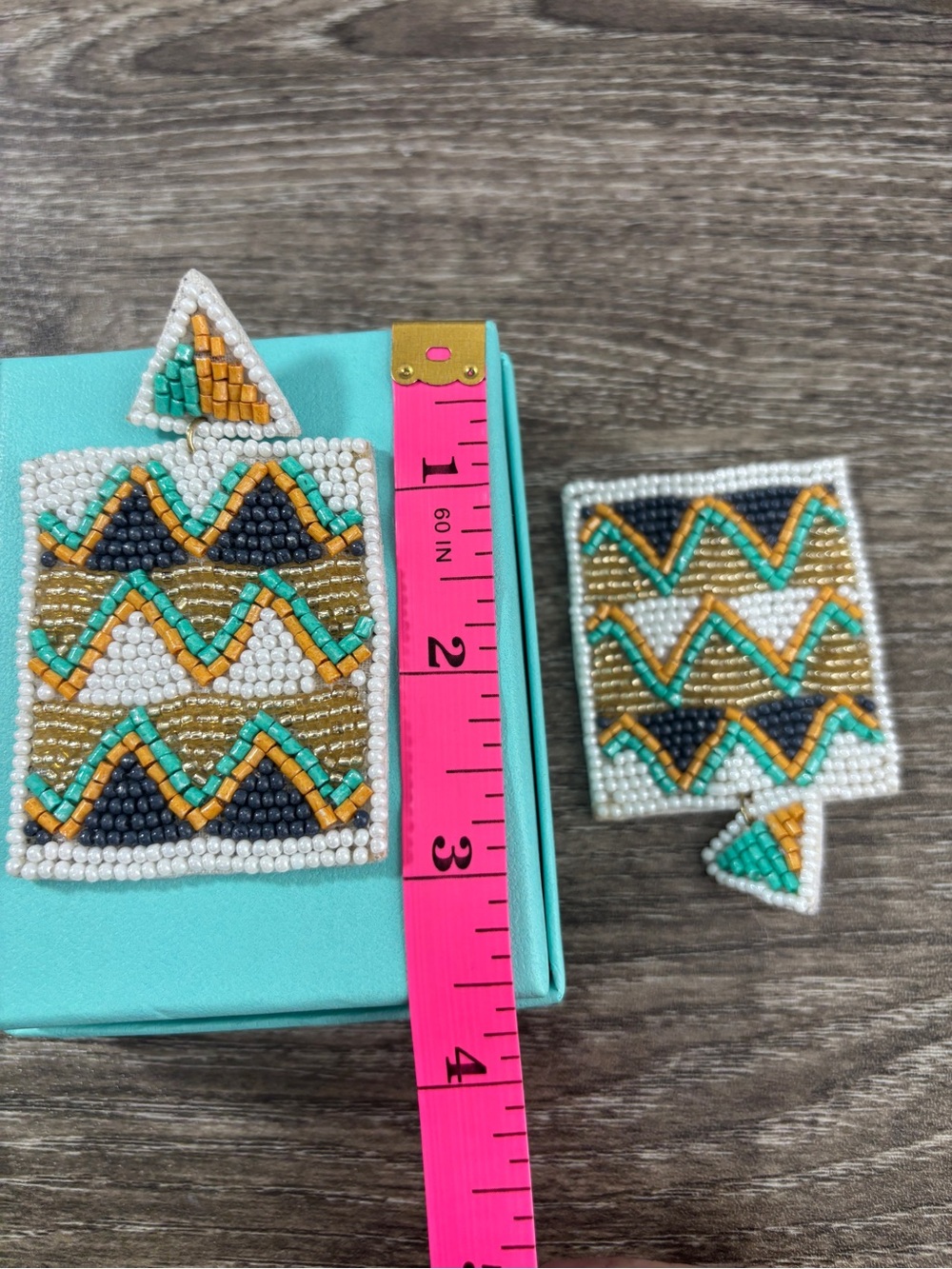 Handcrafted Beaded Geometric Drop Earrings - White, Gold, Teal, Black - 3” drop - Picture 4 of 4